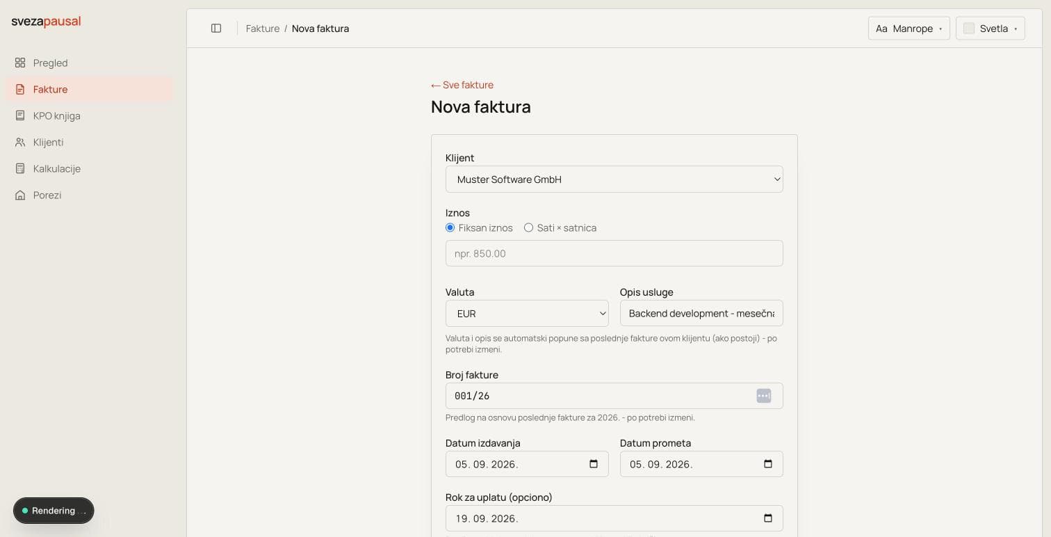 Forma za novu fakturu sa izabranim stalnim klijentom kod kog su valuta EUR i opis usluge automatski preuzeti sa prethodne fakture