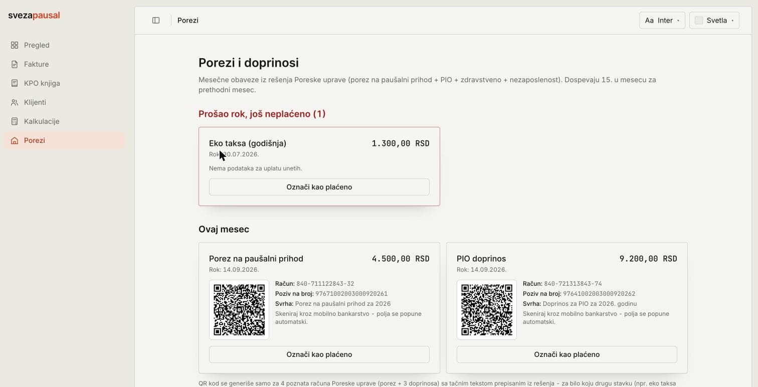 Stranica poreza i doprinosa sa NBS IPS QR kodovima za uplatu poreza na paušalni prihod i PIO doprinosa